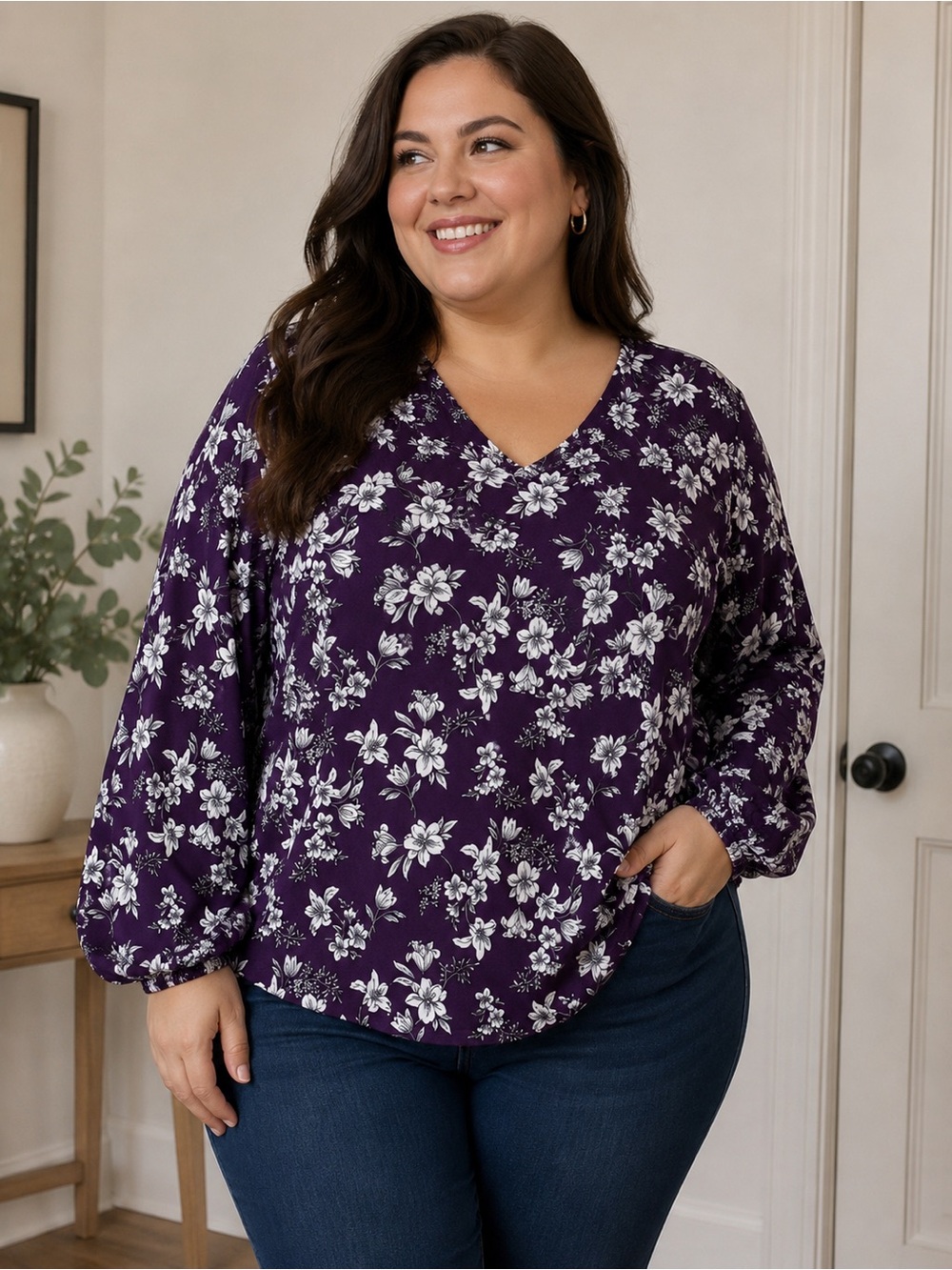 Joie de Vivre Purple Floral V-Neck Blouse 2X Long Sleeve Stretch Top